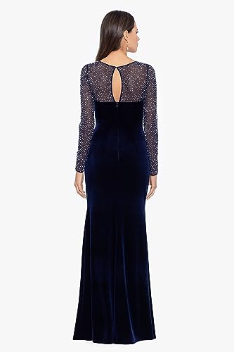 Women's Long Stretch Velvet Illusion Beaded Sleeve Gown E885
