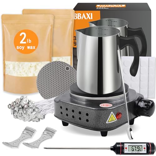 BBAXI Candle Making Kit with Hot Plate for Adults,Candle Wax Melter for Melting Wax,Including cadle Pot, Wax Melter hot Plate,5lb Soy Wax,Stain Spoon,Cotton Wicks,Center Devices,Wick,Thermometer.