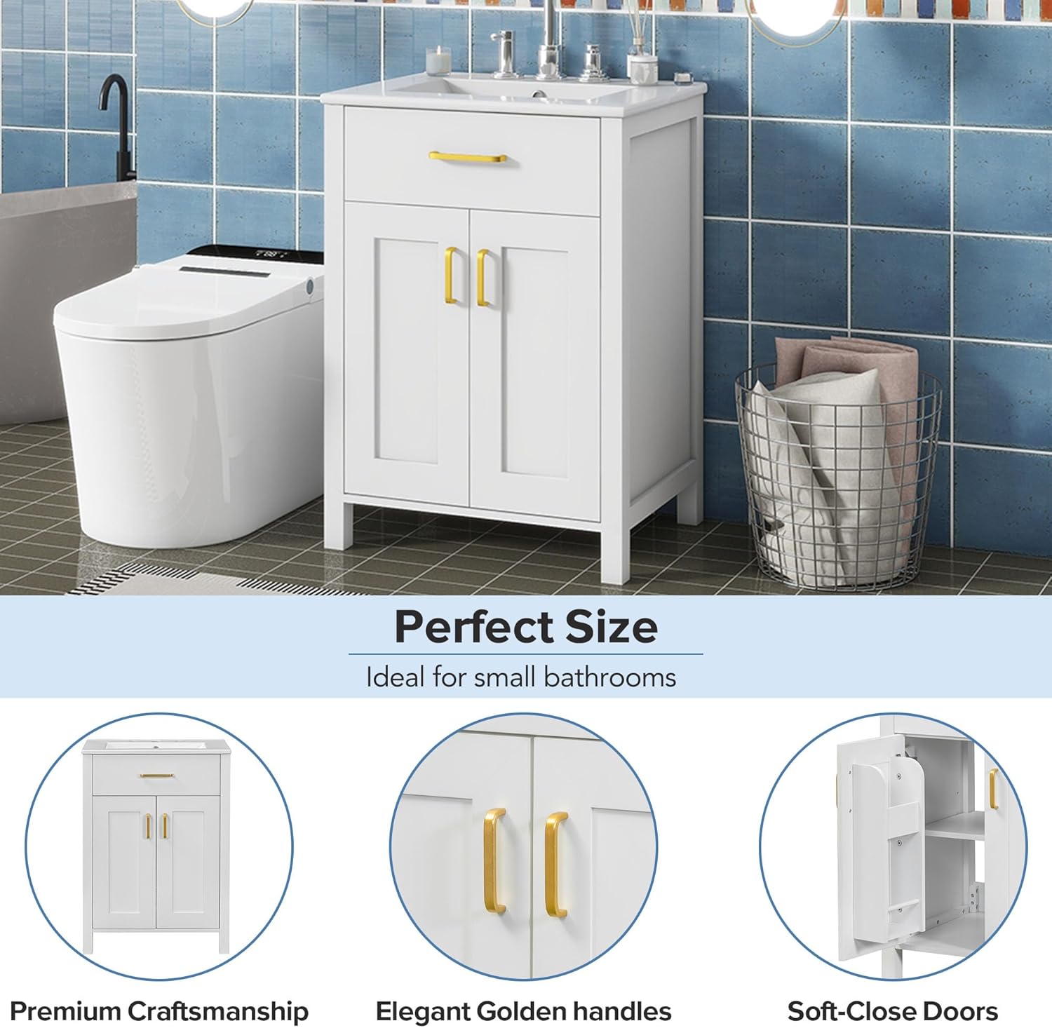 24" Bathroom Vanity with Sink, Single Basin, 2 Soft-Close Doors and Drawer, White G688089
