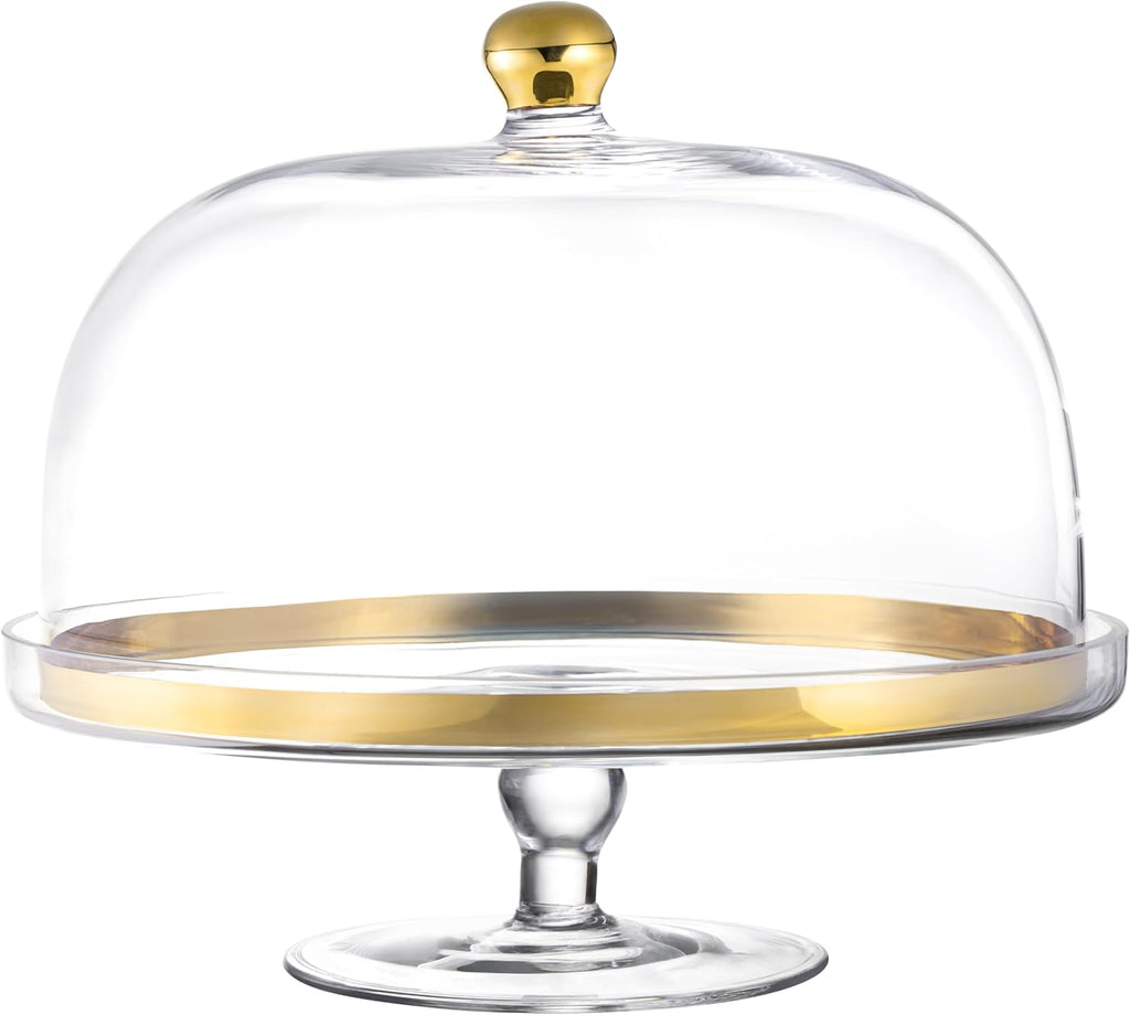 Glass - Cake Stand - and - Dome - with - Gold Rim - and - Gold Knob - for - Cake - Fruit - Cheese - 11.75" Diameter - Made in Europe - by Barski