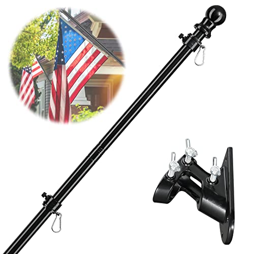 American Flag Poles for Outside House - 5ft Tangle Free Flag Pole for House with Holder Bracket,Residential Flagpole Kit for Outdoor Porch Garage Boat Truck - Black
