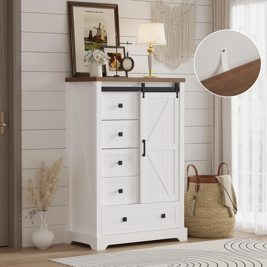 Farmhouse 5 Drawers Dresser with Sliding Barn Door and Adjustable Shelves K809