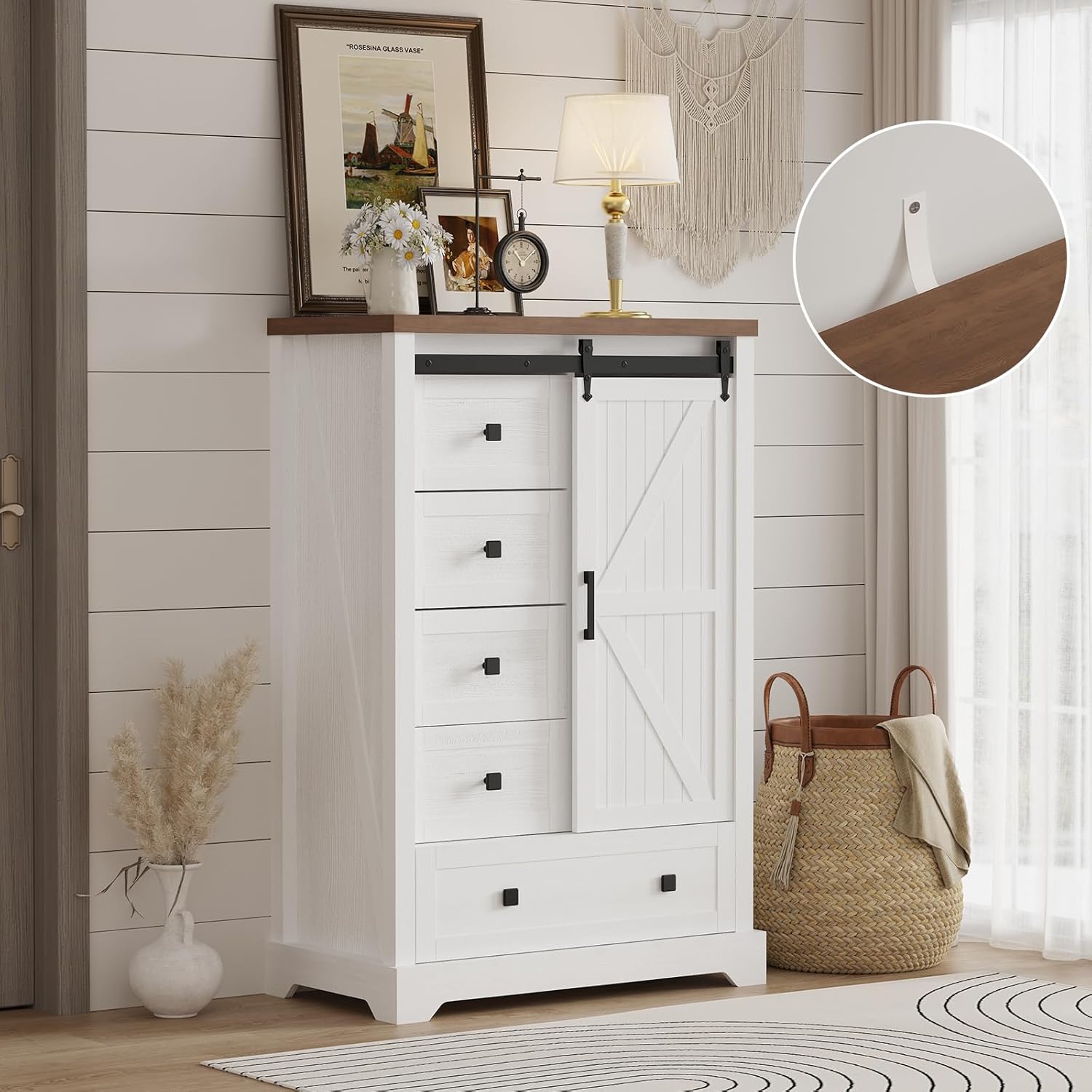 Farmhouse 5 Drawers Dresser with Sliding Barn Door and Adjustable Shelves K809