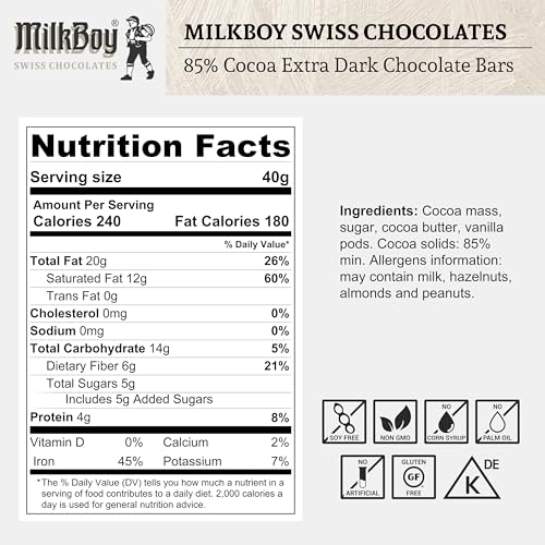 Swiss Extra Dark Chocolate 85% Cocoa, Dairy Free, Vegan, 3.5 oz, 5 Pack X81538