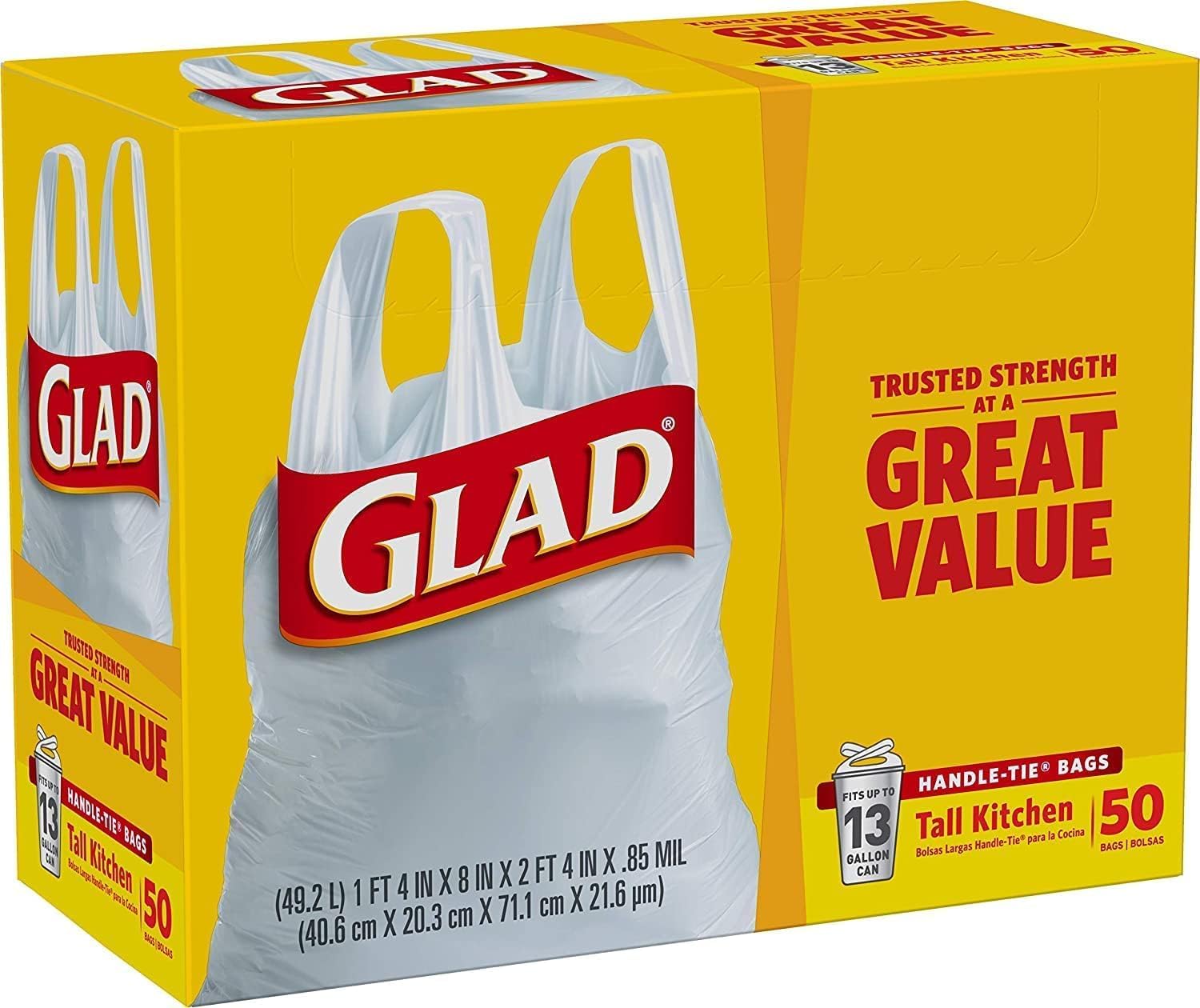 Tall Kitchen Handle-Tie Trash Bags 13 Gallon, 50 Count R7743