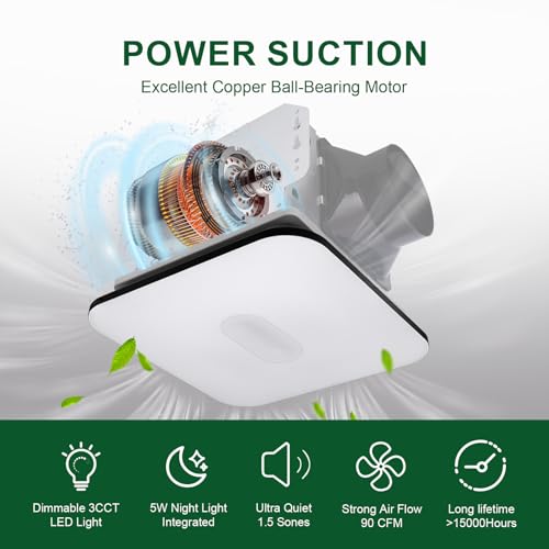 Bathroom Exhaust Fan with Light, 90 CFM, Dimmable LED, Black W249375