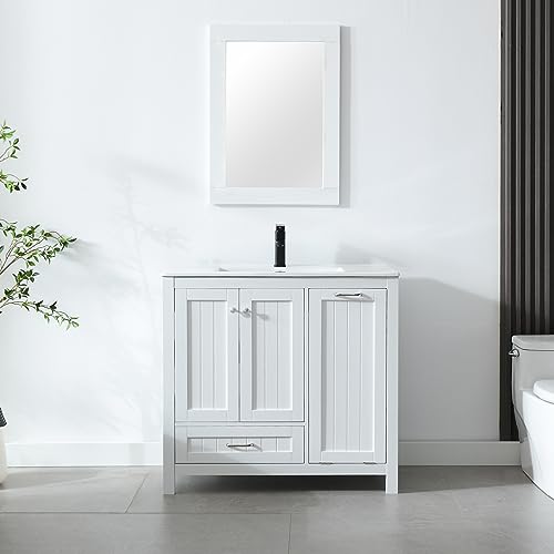 36" Bathroom Vanity with Sink Combo Set, Cabinet with Laundry Hamper, 2 Doors, 1 Drawer, Soft Closing, White S415