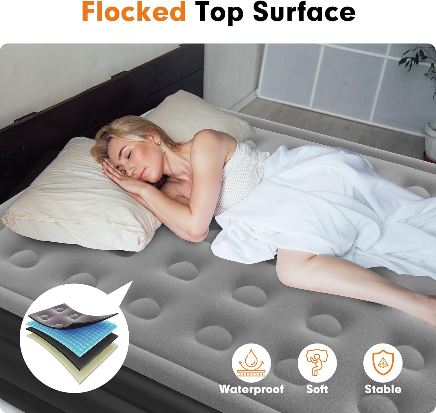 Queen Air Mattress with Built-in Double Pump, 18" Tall Inflatable Bed C37503