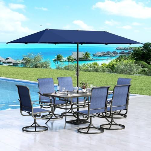 8 Piece Patio Dining Set with Umbrella, 6 Grey Sling Swivel Chairs, Rectangular Metal Table, 13 FT Beige Umbrella F91883