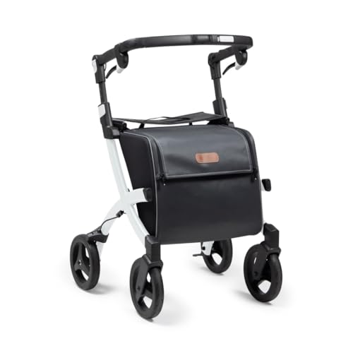Flex 2 Pebble White - Upright Rollator Walker with seat - Lightweight Walker with Wheels - Folding Walker with Large Shopping Bag - Modern Design