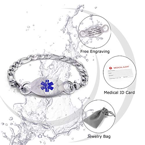 Medical Alert ID Bracelet for Women Interchangeable Stainless Steel Figaro Chain Emergency Awareness Bracelet Health Alert Tag Bracelet for Seniors, 6-8 inch (Free Engraving) Y27850
