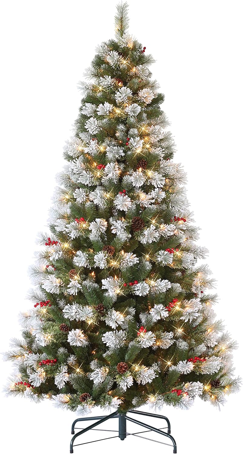 7.5 ft Flocked Pine Tree, 1042 Tips, 350 UL Clear Incandescent Lights, Pine Cones & Berries
