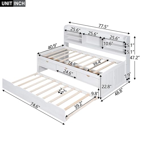 Twin Size Captain Bed with Built-in Bookshelves, Storage Drawers and Trundle A24504