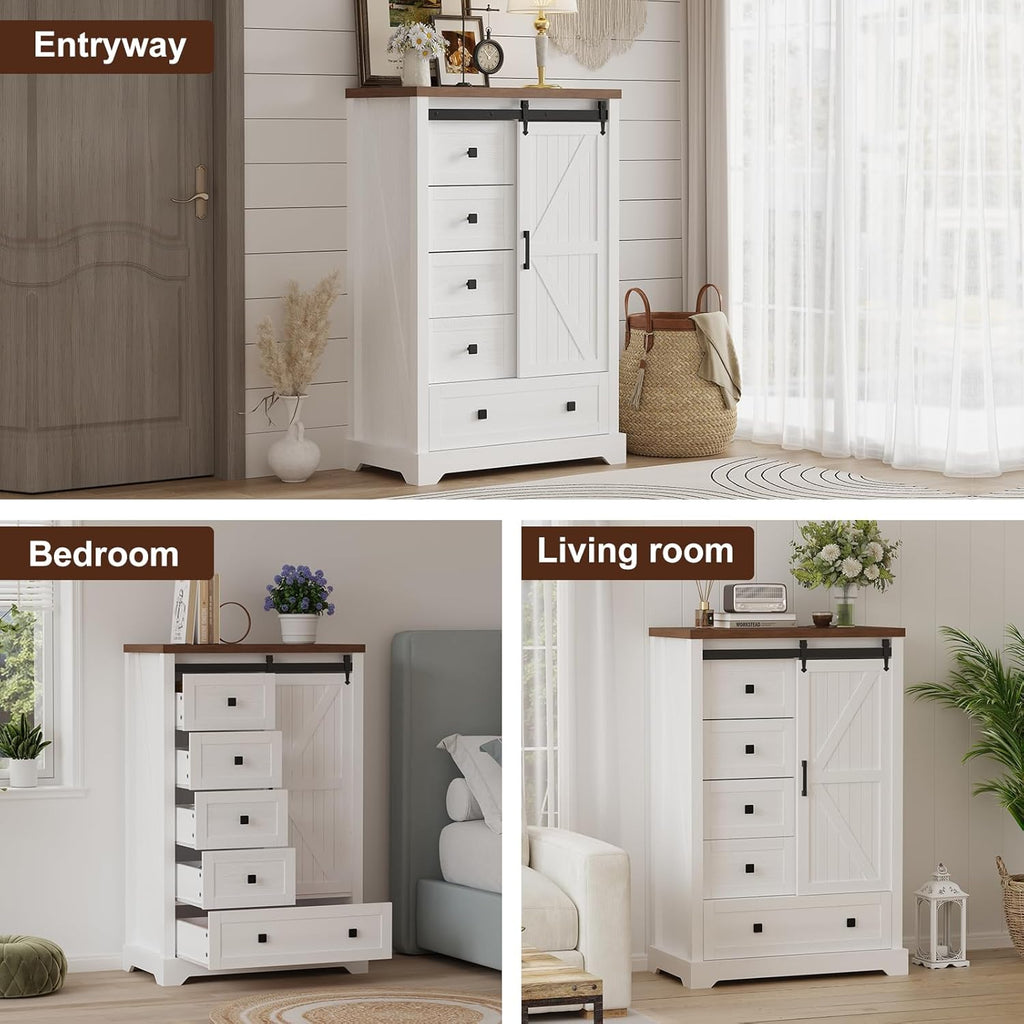 Farmhouse 5 Drawers Dresser with Sliding Barn Door and Adjustable Shelves K809