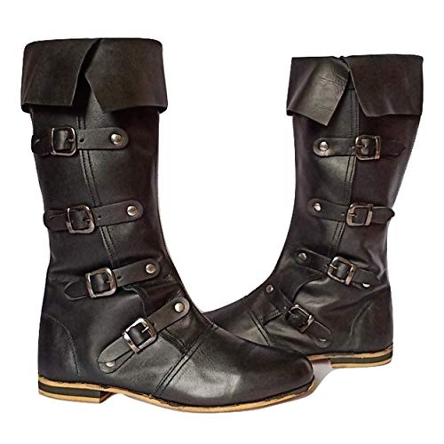 AnNafi Medieval Leather Boots 4 Buckle | Renaissance Loafer Long Boot Pirate Costume Viking Mens Shoes SCA LARP Riding
