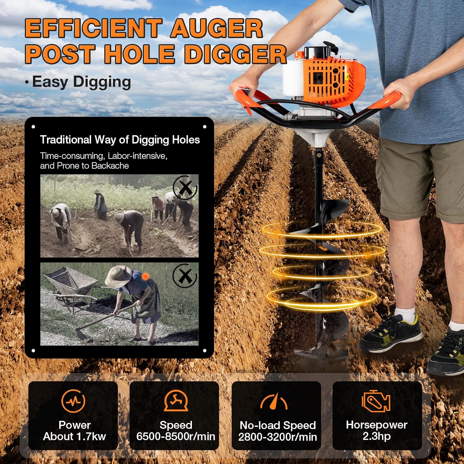 Gas Powered Post Hole Digger with Drill Bits and Extension Rods J2624