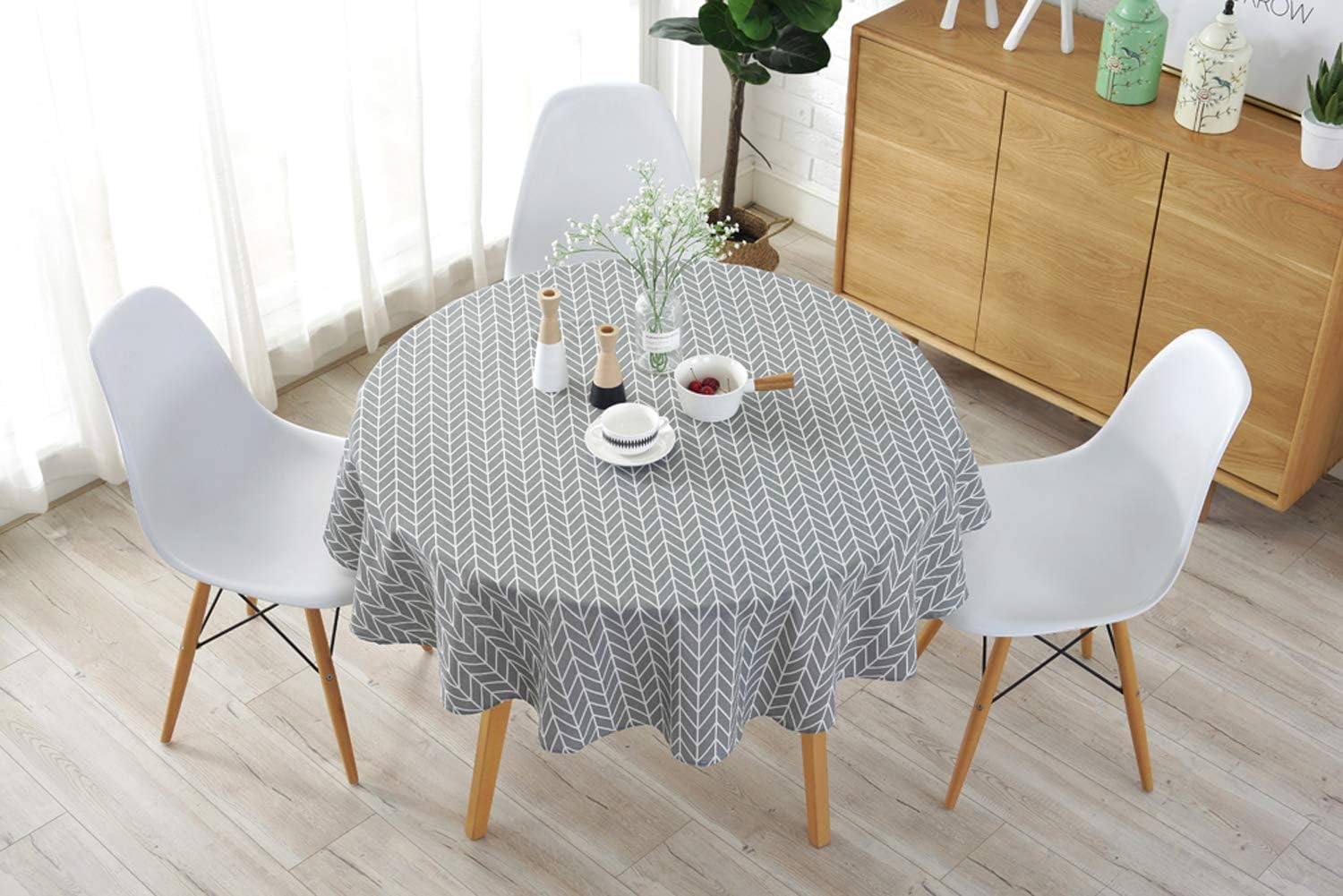 Cotton Linen Tablecloth with Arrow Pattern, Round 60 Inch L1726