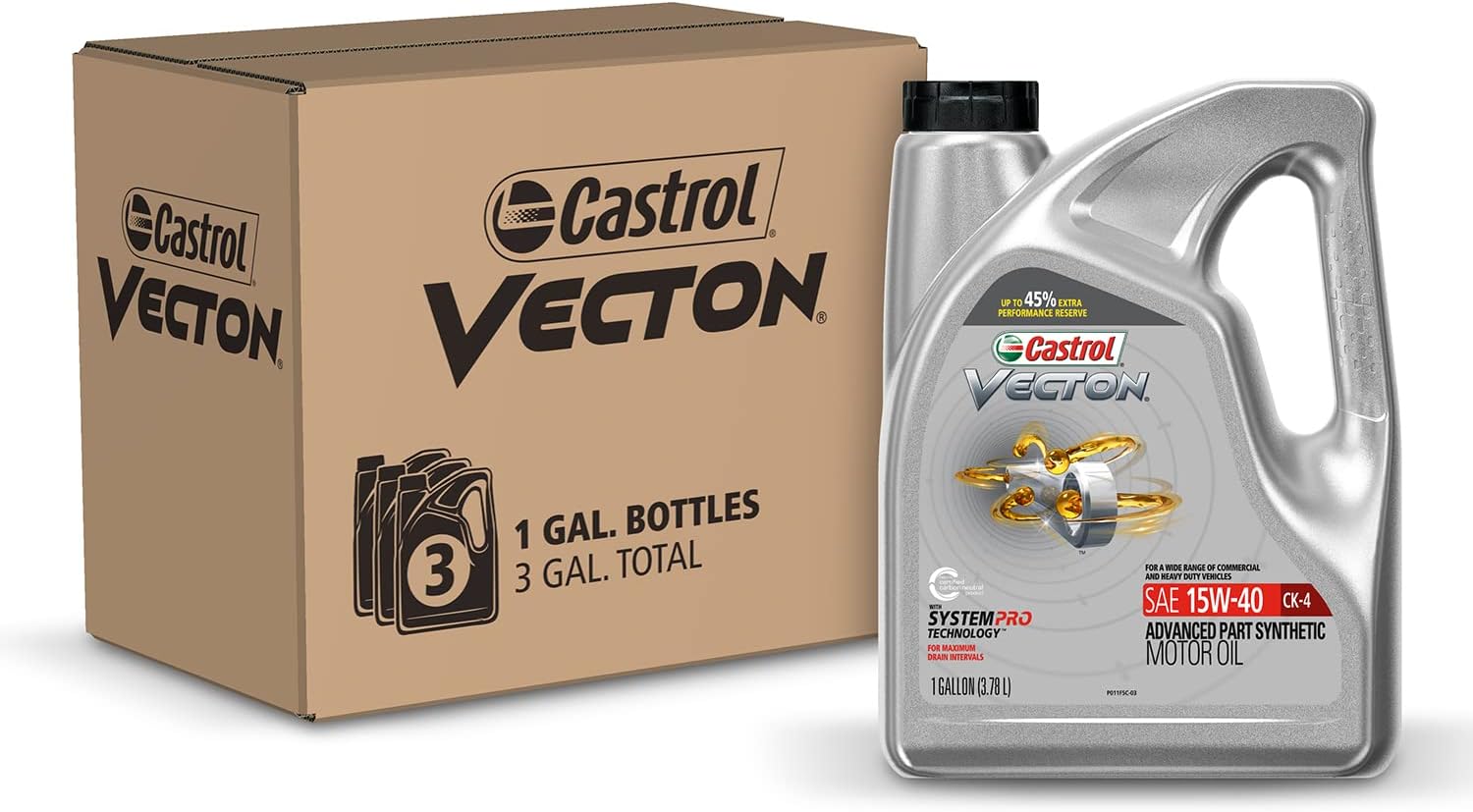 Castrol Vecton 15W-40 CK-4 Advanced Part Synthetic Diesel Engine Oil, 1 Gallon, Pack of 3