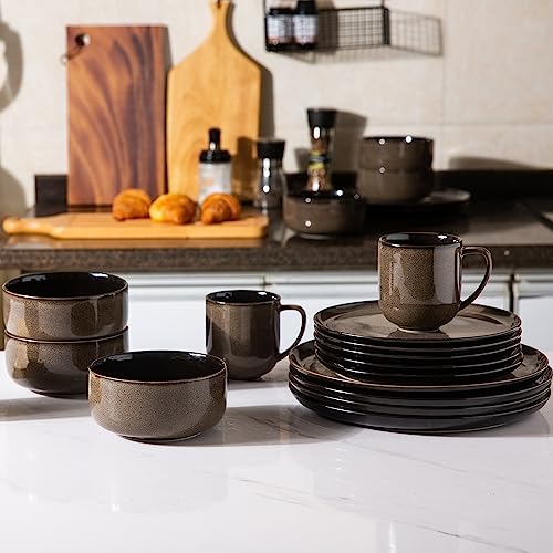 Ceramic Dinnerware Set of 18, Porcelain Plates and Bowls, Reactive Glaze, Oven and Dishwasher Safe I6158