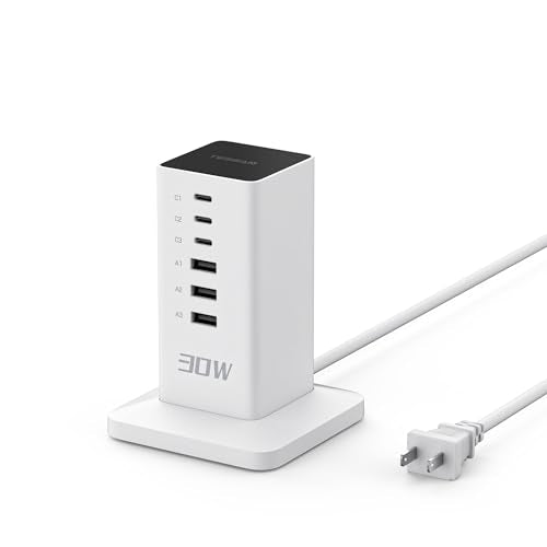 USB C Charger Block 30W, TESSAN Chargers for Multiple Devices, Charging Hub with 6 USB Ports, Type C Tower Charging Station for Phone Tablet Earphone, Desktop Office Home Dorm Room Travel Accessories