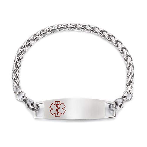 Medical Alert Bracelet for Women Interchangeable Stainless Steel Wheat Chain & Medic Health Information Tag Medical ID Emergency Bracelets for Seniors, 6-8in (Free Engraving)