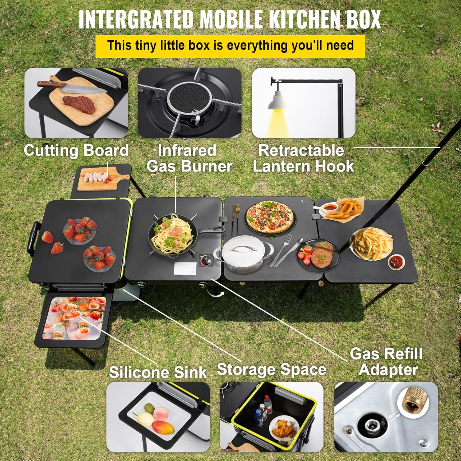 Camping Kitchen Outdoor Cooking Station with Wheels and Windproof Stove S56362
