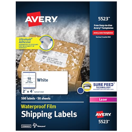 Avery Waterproof Printable Shipping Labels with Sure Feed, 2" x 4", White, 100 Blank Mailing Labels (15513)