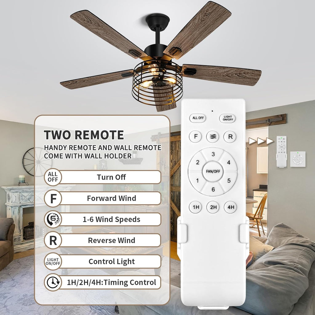 52 Inch Farmhouse Ceiling Fan with Light and Remote, Rustic Caged Design K281575