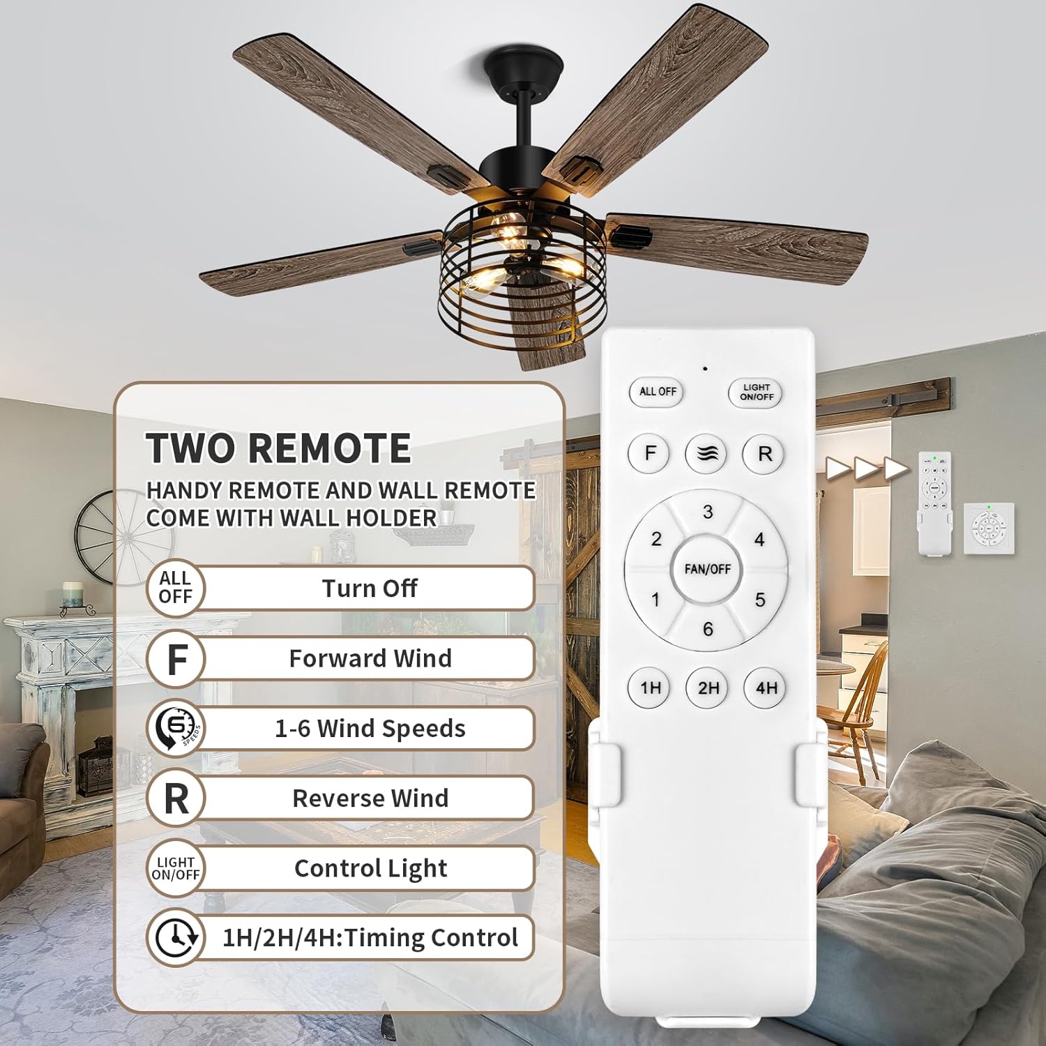52 Inch Farmhouse Ceiling Fan with Light and Remote, Rustic Caged Design K281575