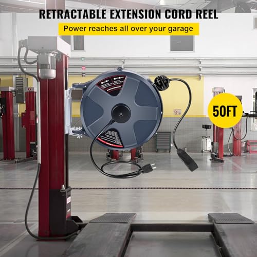 Retractable Extension Cord Reel 50 FT Heavy Duty Power Cord with Lighted Triple Tap Outlet H688258