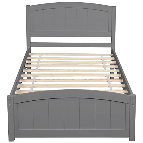 Twin Platform Bed Wood Frame with Headboard and Footboard, Wood Slat Support, No Box-Spring Needed U6068