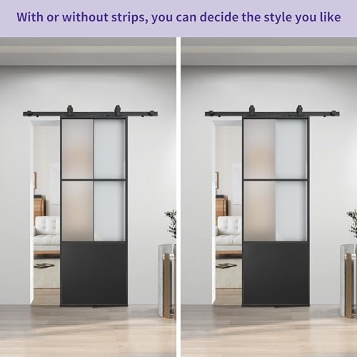 30" x 84" Glass Sliding Barn Door with Top Mounted Hardware Kit, 3-Panel Aluminum Frame, Frosted Tempered Glass, Black N5680