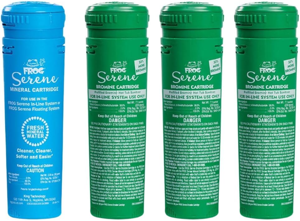 FROG Serene in-Line Cartridges for Hot Tubs That Have Built in Cartridge Holders, FROG Serene Mineral Cartridge + 3 Bromine Cartridges (200 Grams)