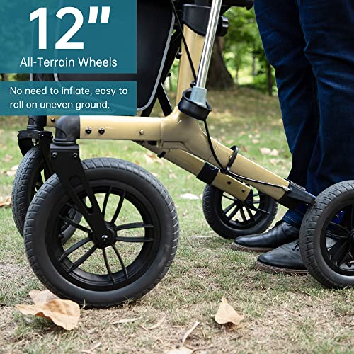 All-Terrain Rollator Walker with 12" Front Rubber Wheels, Compact Folding Design J8852