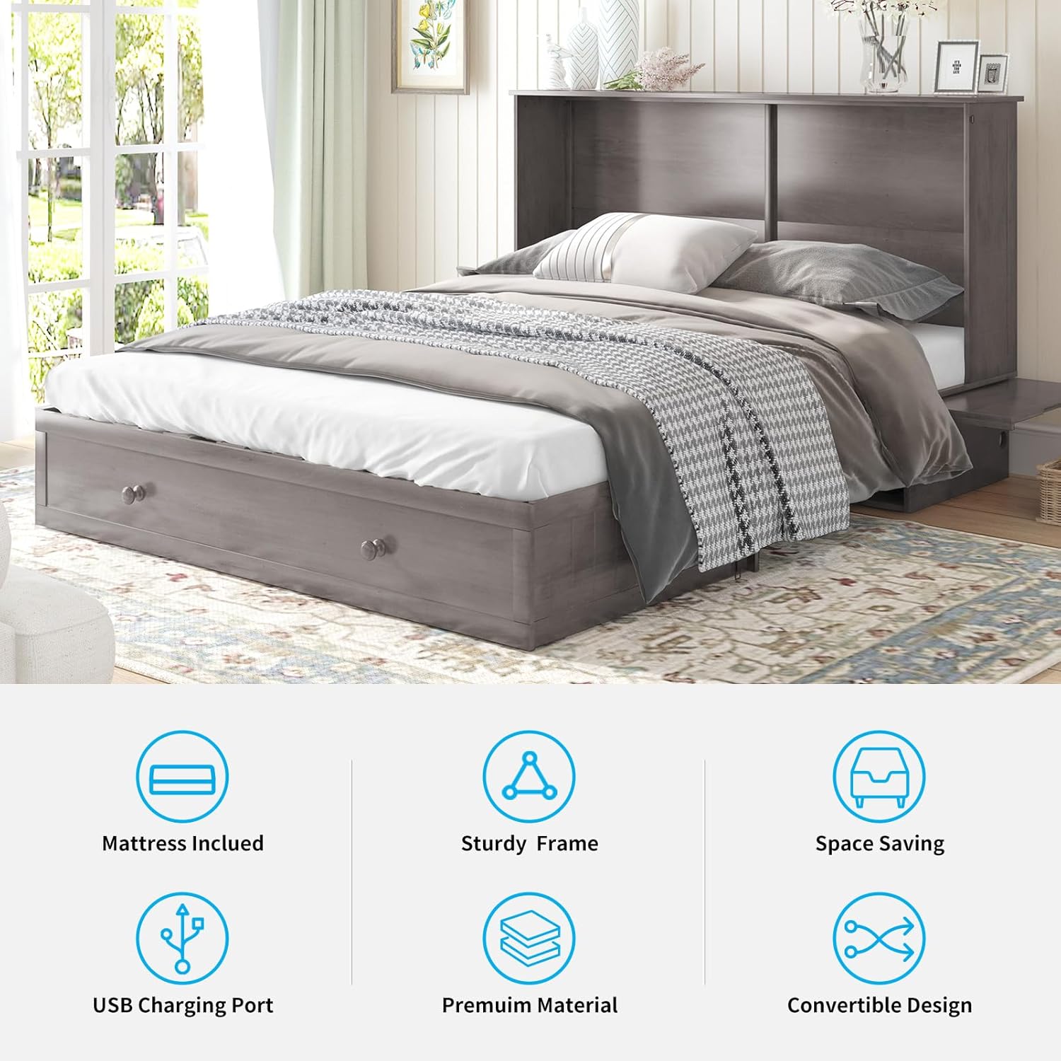 Queen Size Murphy Bed with Foldable Foam Mattress and Storage Drawer F178967
