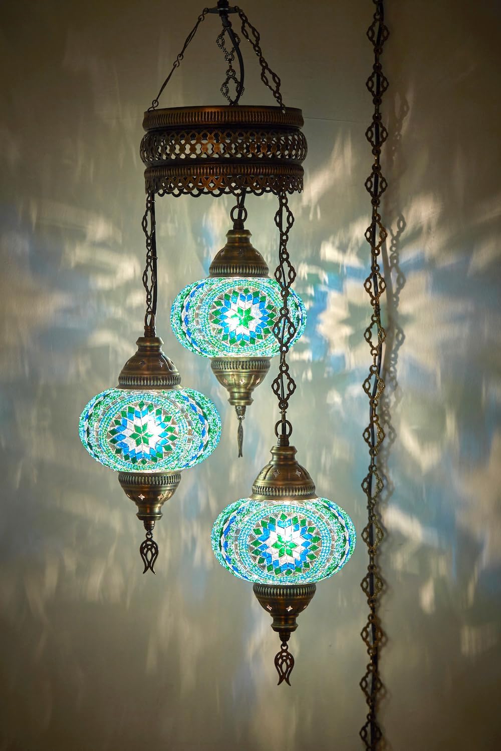 Turkish Moroccan Mosaic Plug In Chandelier, Boho Ceiling Hanging Lamp, 15ft Cord, 3 Globes P769480