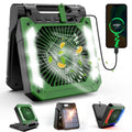 20000mAh Solar Powered Hangable Camping Fan with LED Lantern, 3 Speeds Rechargeable Quiet Battery Operated Fan with Timing & PowerBank, Cordless Portable Desk Fan for Office, Tent, Hurricane (Green)