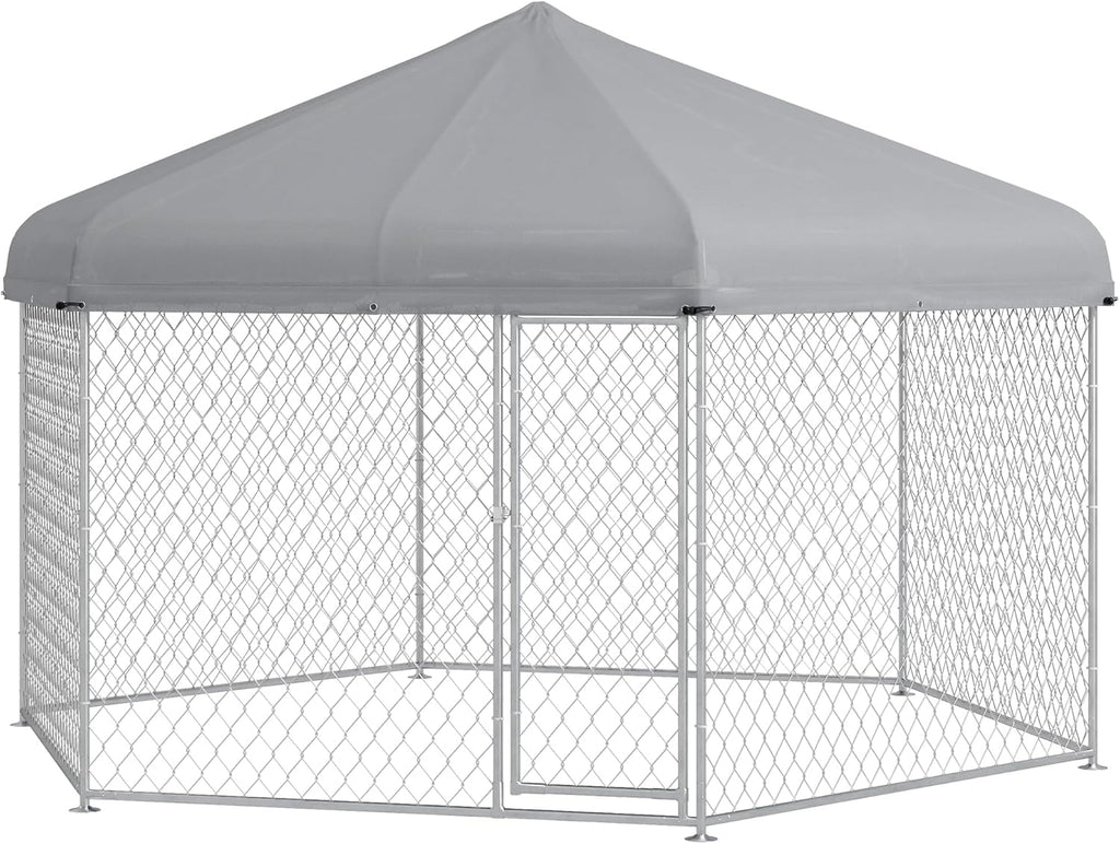 PawHut 13.4' x 11.5' x 8.8' Dog Kennel Outdoor Dog Run with Waterproof, UV Resistant Roof, Lockable Door, for Medium and Large-Sized Dogs, Silver