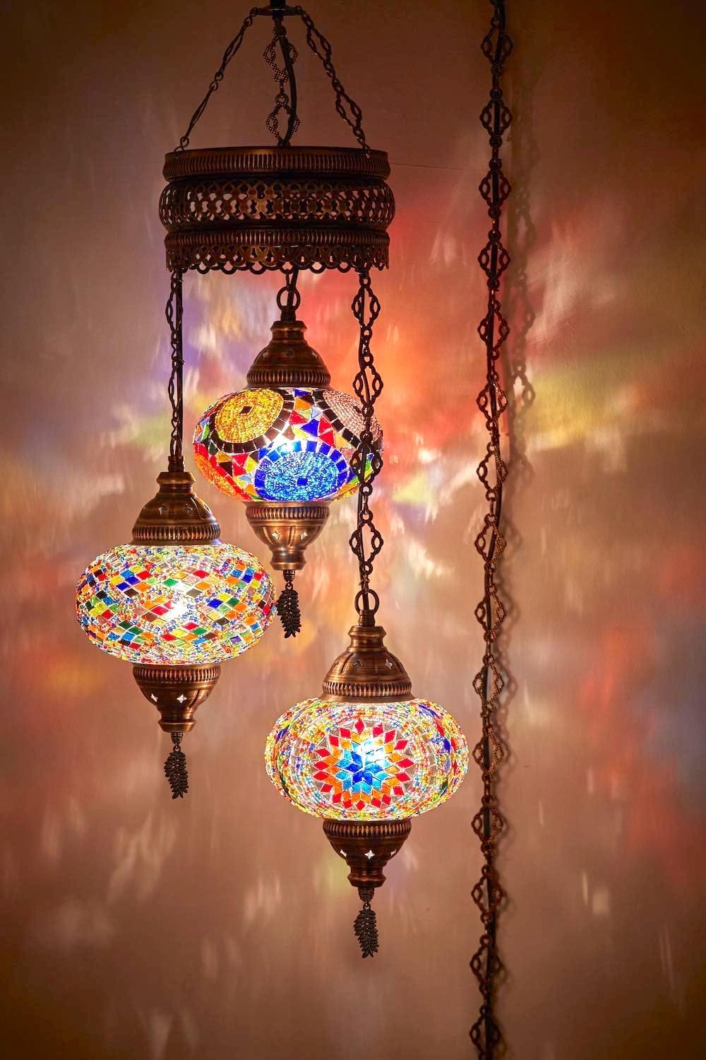 Turkish Moroccan Mosaic Plug In Chandelier, Boho Ceiling Hanging Lamp, 15ft Cord, 3 Globes P769480