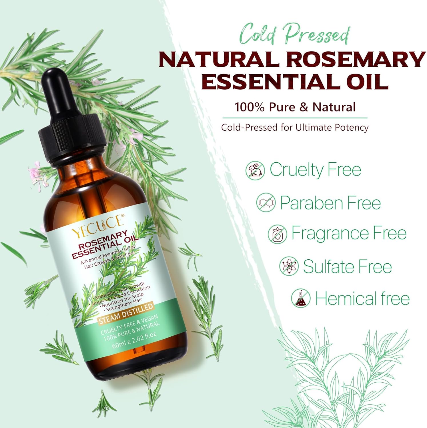 Rosemary Essential Oil with Glass Dropper for Hair, Skin, and Aromatherapy F7826