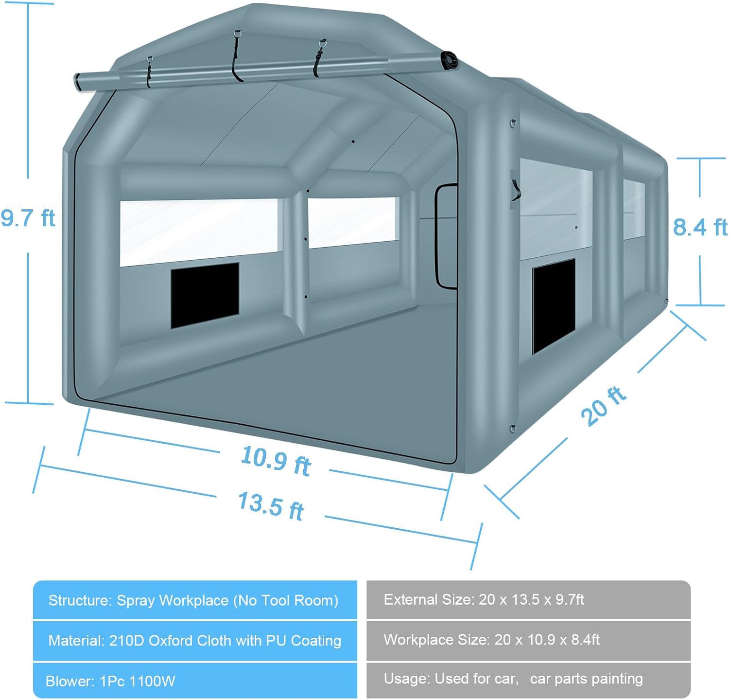 Inflatable Paint Booth 20 x 13.5 x 9.7ft Portable Spray Tent with Blower J613527
