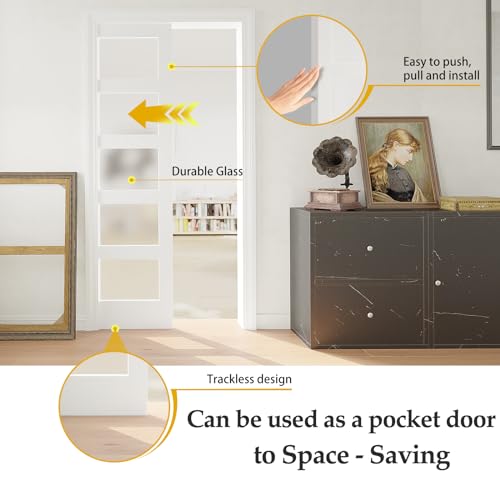 Sliding Pocket Door 60" x 80" with 5 Frosted Glass Panels, White Primed P361