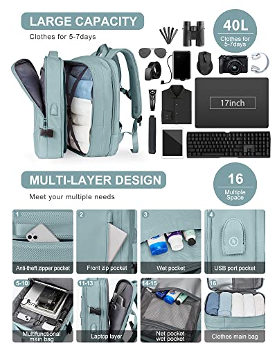 Large Laptop Travel Backpack for Women Carry On Airline Approved Expandable Work Personal Item Blue T159849