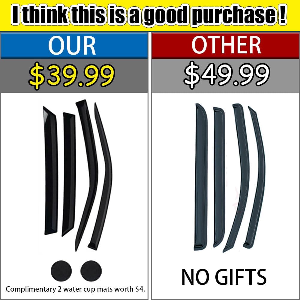 Tape-on Side Window Deflectors for 2015-2022 Subaru Outback, 4 Rain Guards with 2 Coasters B802