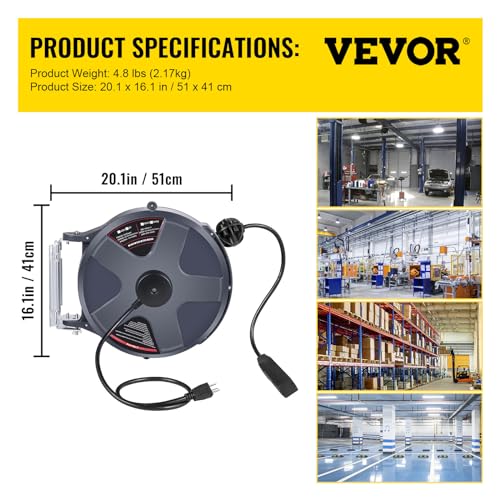 Retractable Extension Cord Reel 50 FT Heavy Duty Power Cord with Lighted Triple Tap Outlet H688258