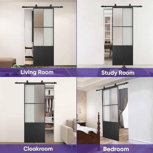 30" x 84" Glass Sliding Barn Door with Top Mounted Hardware Kit, 3-Panel Aluminum Frame, Frosted Tempered Glass, Black N5680
