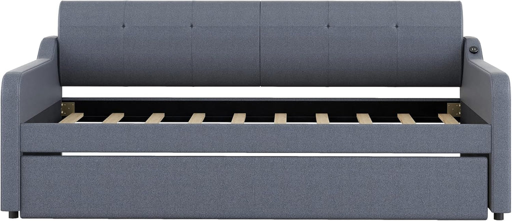 Upholstered Daybed with Trundle and USB Charging, Extendable Sofa Bed Frame A685934