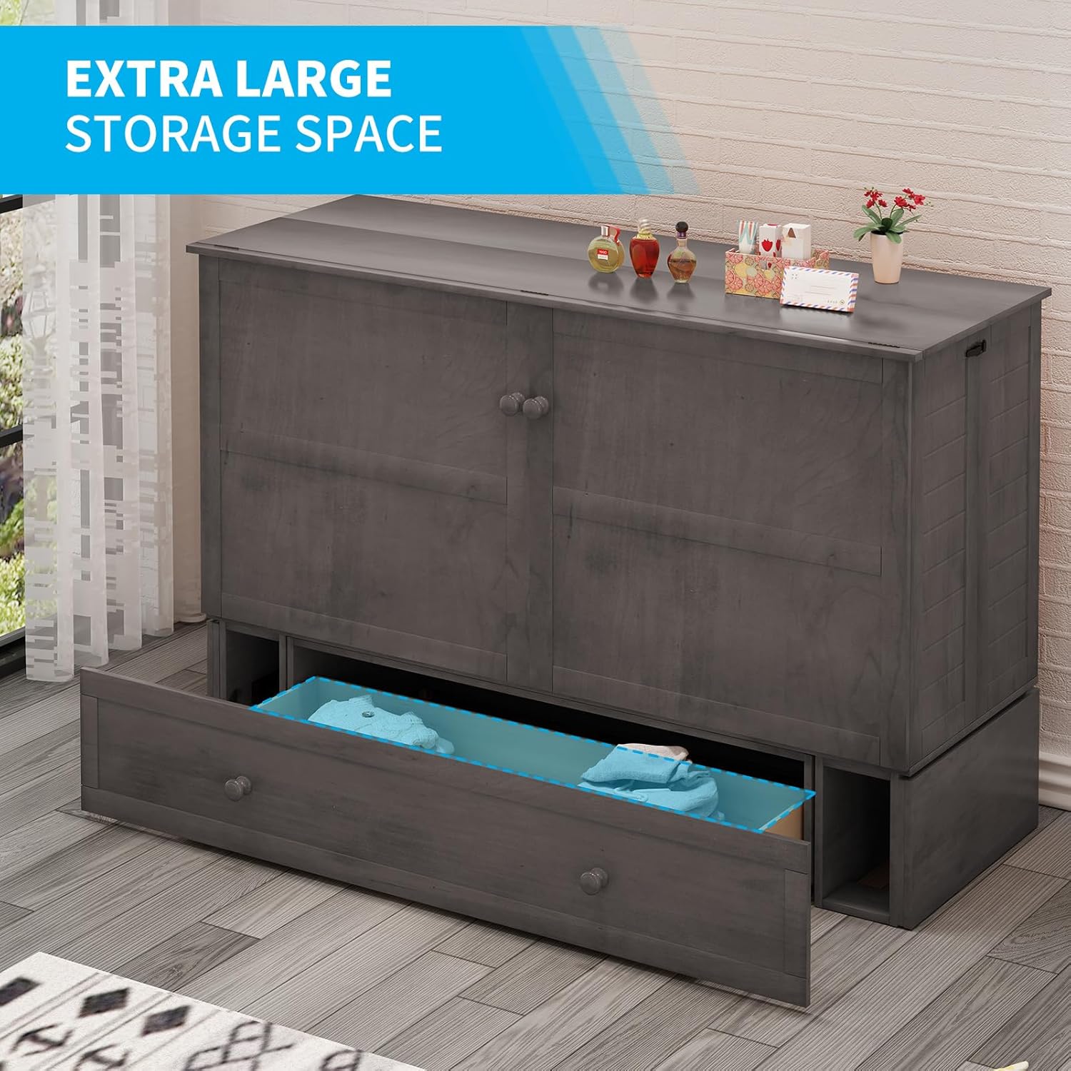 Queen Size Murphy Bed with Foldable Foam Mattress and Storage Drawer F178967