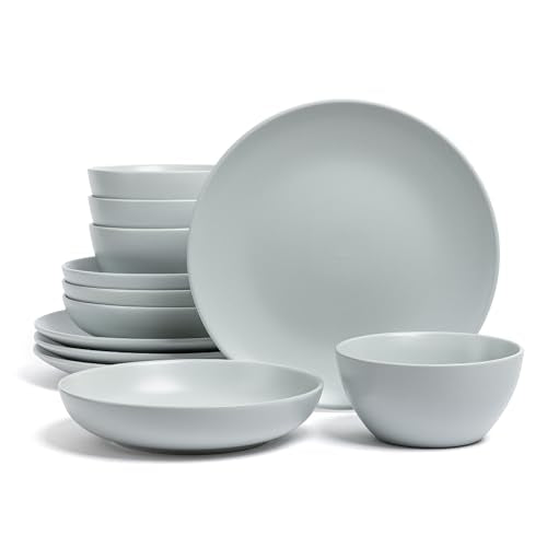 over&back Coupe Dinnerware Set - Stoneware Dishes - Comes with 4 Dinner Plates, 4 Salad Plates, 4 Cereal Bowls, and 4 Dinner Bowls - 16-Piece All-Occasion Place Settings - Semi-Matte Fog Blue