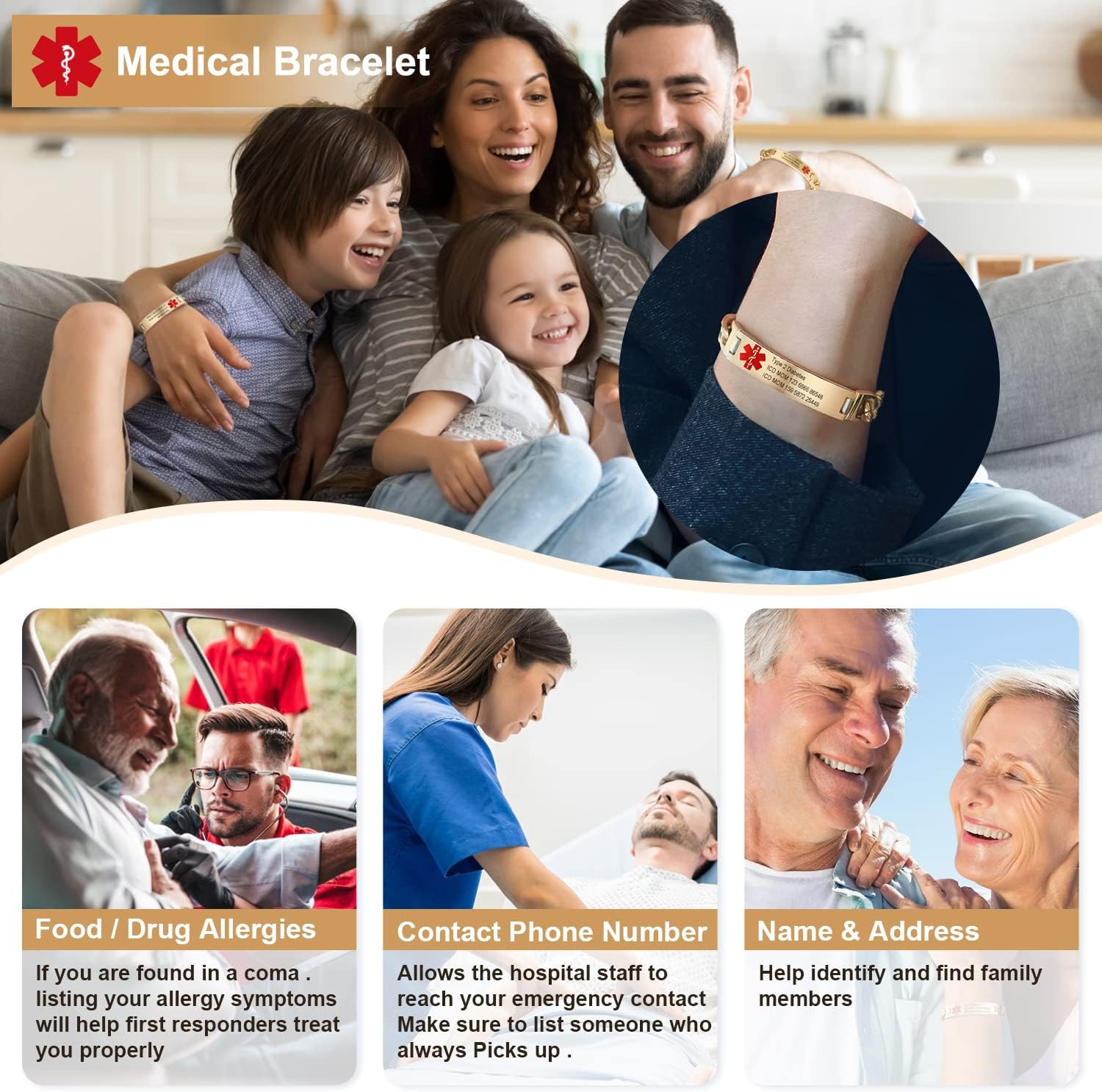 Medical Alert Bracelets for Men Women Stainless Steel Engravable L40086